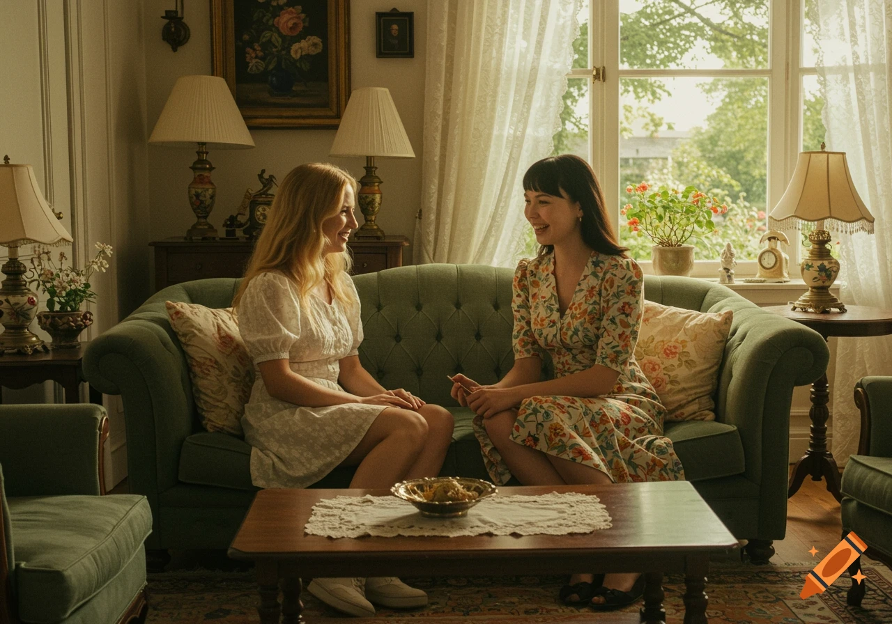 Two young women, one with blonde hair and one with dark hair, sit on a green sofa in a cozy, sunlit living room, talking and smiling.
