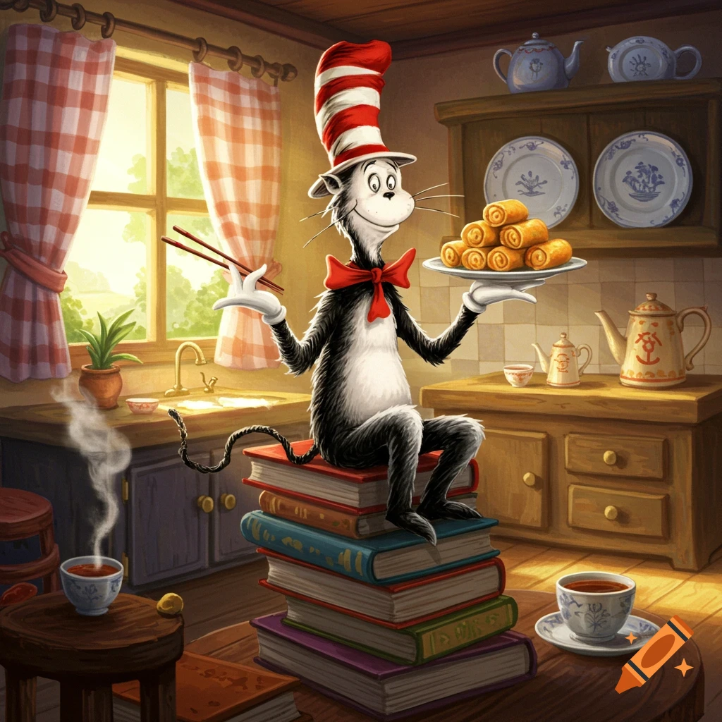 The Cat in the Hat sits on a stack of books in a sunlit kitchen, holding chopsticks and a plate of eggrolls, in a whimsical illustration.