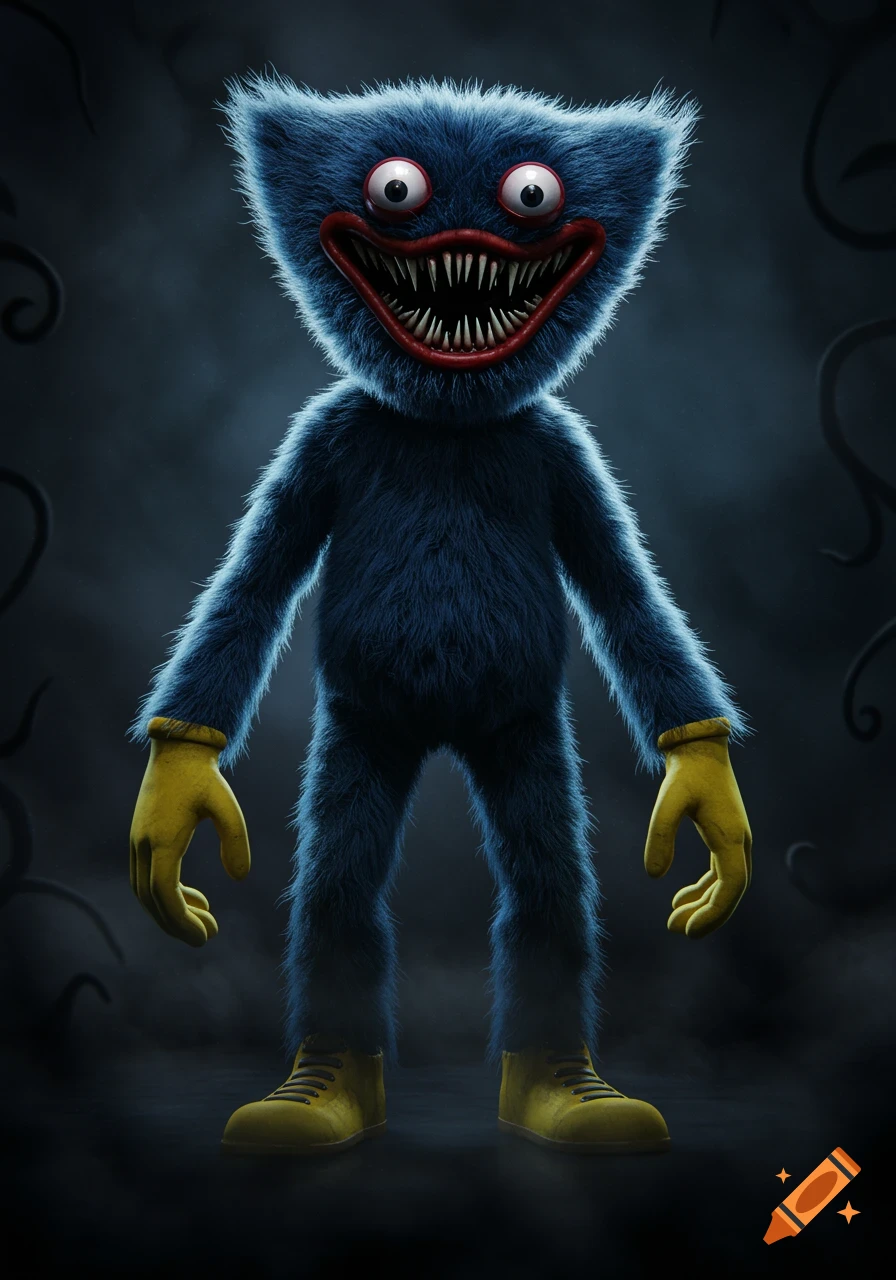 A blue furry horror monster with sharp teeth, wide eyes, and yellow gloves and shoes stands in a dark setting.