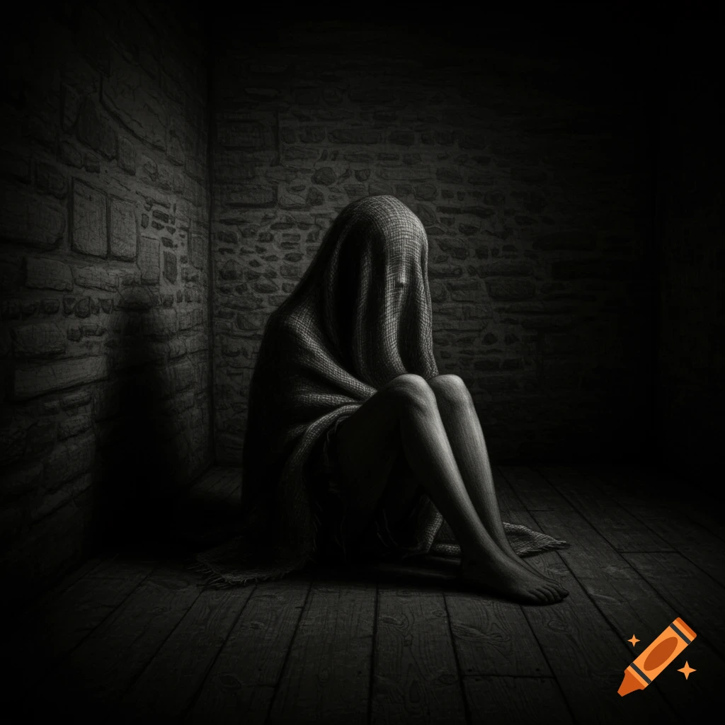 Black and white charcoal drawing of a figure draped in a blanket, sitting on a wooden floor in a dark, stone-walled room.