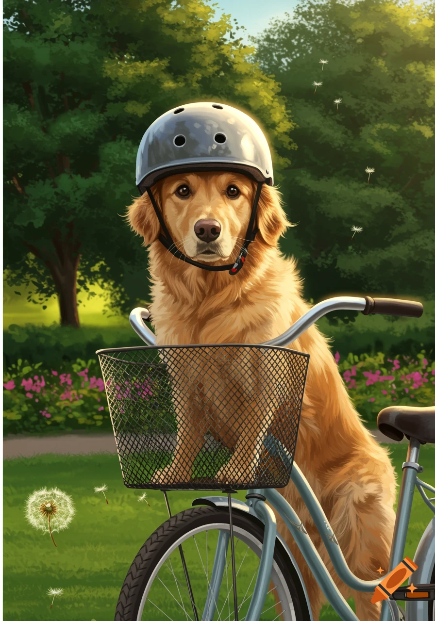 An illustrated Golden Retriever wearing a grey helmet sits in a bicycle basket in a park with green trees and pink flowers.