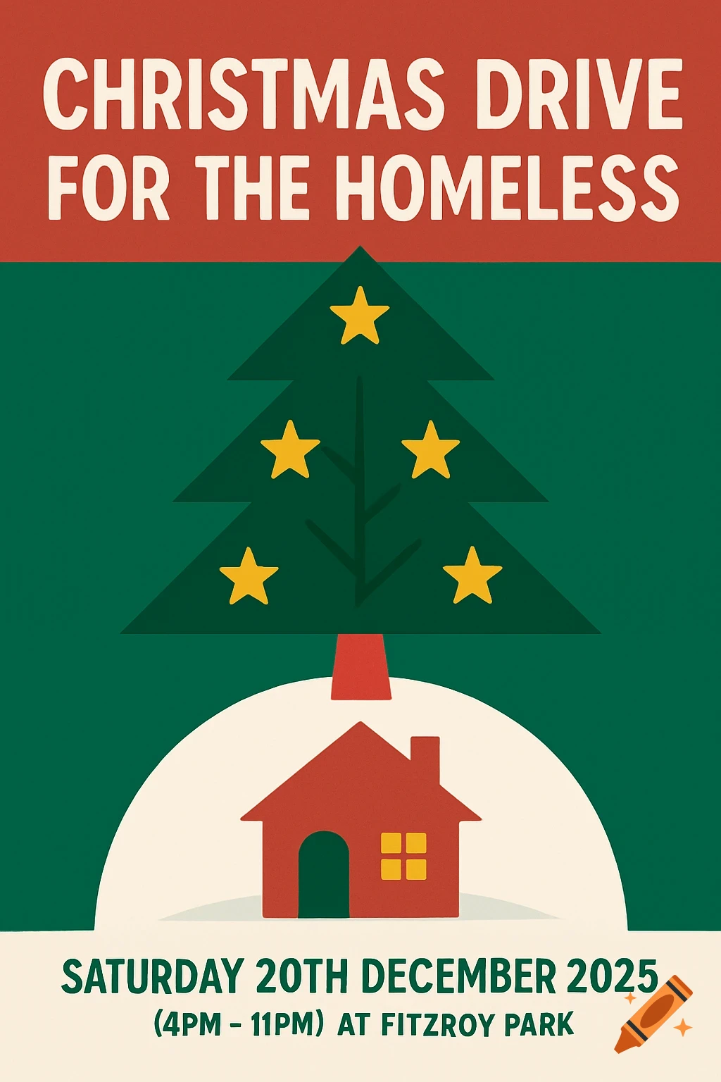 A retro-style poster for a Christmas Drive for the Homeless, featuring a Christmas tree with stars and a small house in snow.