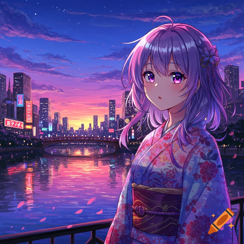 Anime girl in a vibrant kimono stands by a river overlooking a city skyline at sunset.