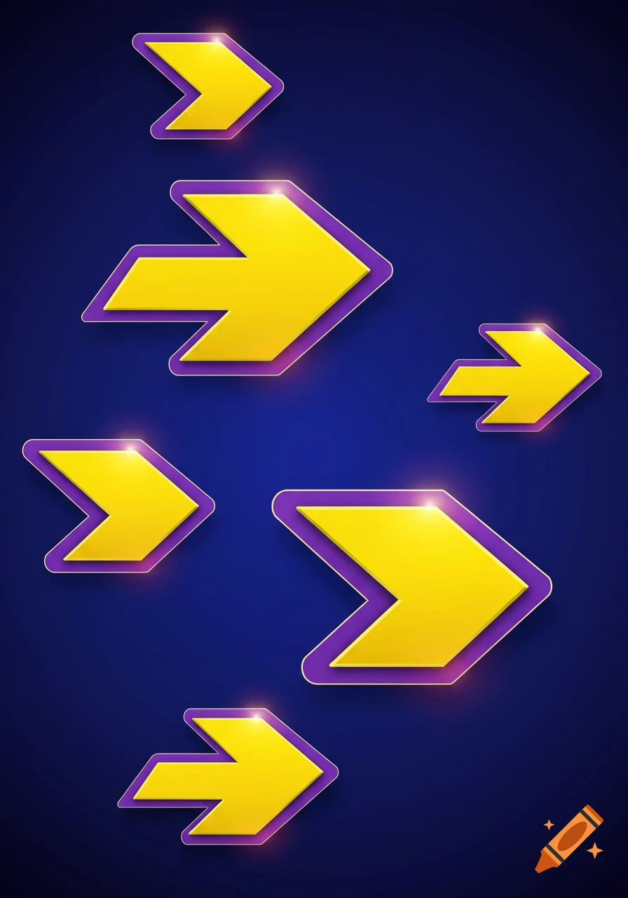 Multiple glossy yellow arrows with purple borders pointing right on a dark blue background.