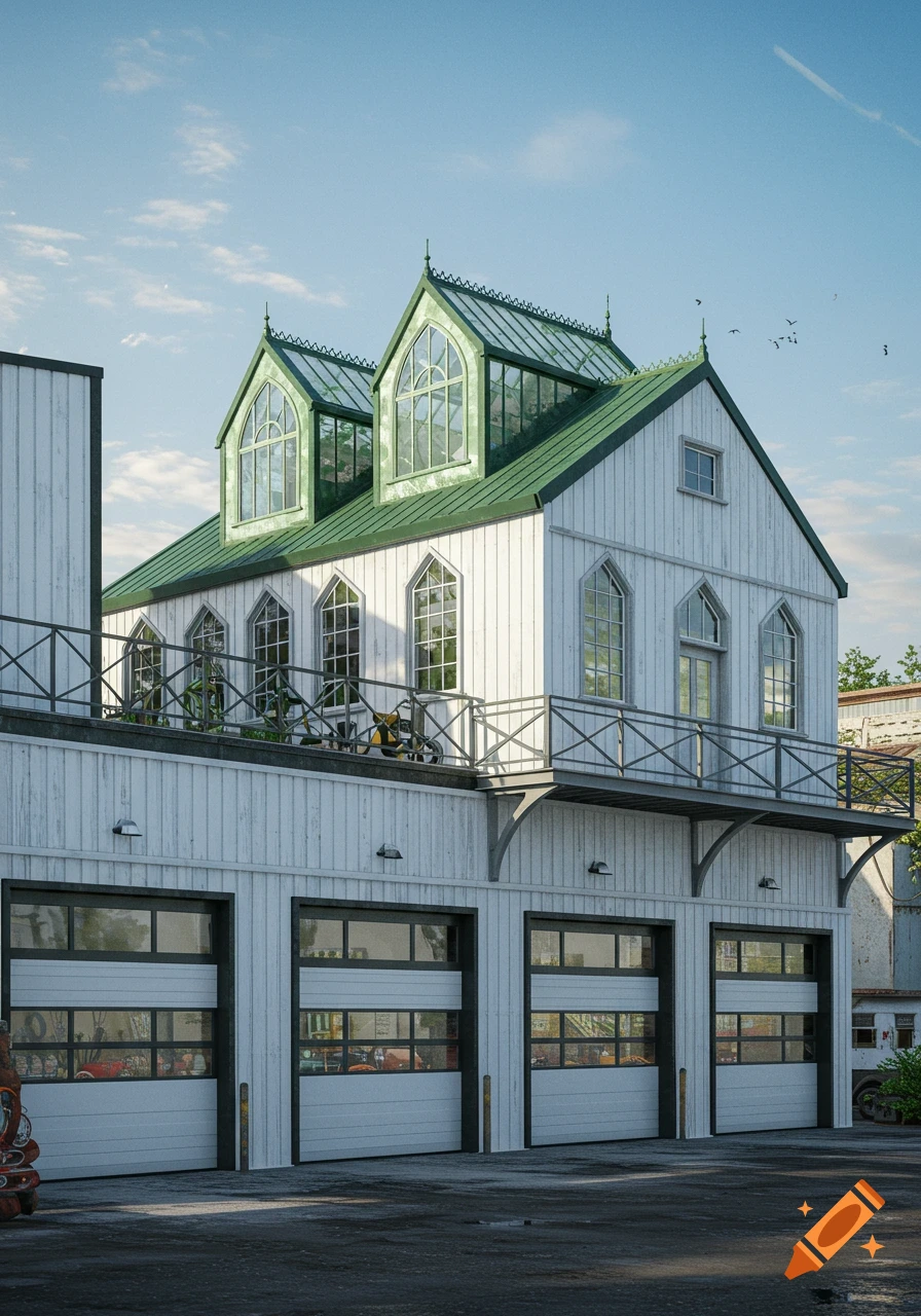 Photorealistic image of a white metal two-story building with a green gothic-style greenhouse roof and three garage doors.