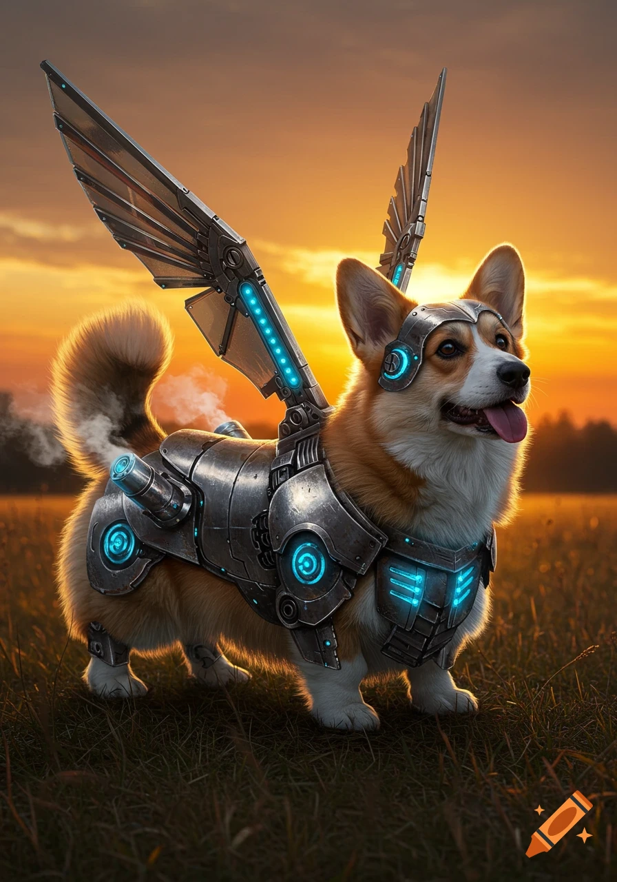 A fluffy corgi wearing a detailed, shiny futuristic suit of armor with mechanical wings and glowing blue lights stands in a grassy field at sunset.