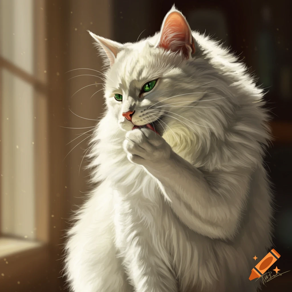 A photorealistic white long-haired cat with green eyes is grooming its paw, bathed in warm sunlight.