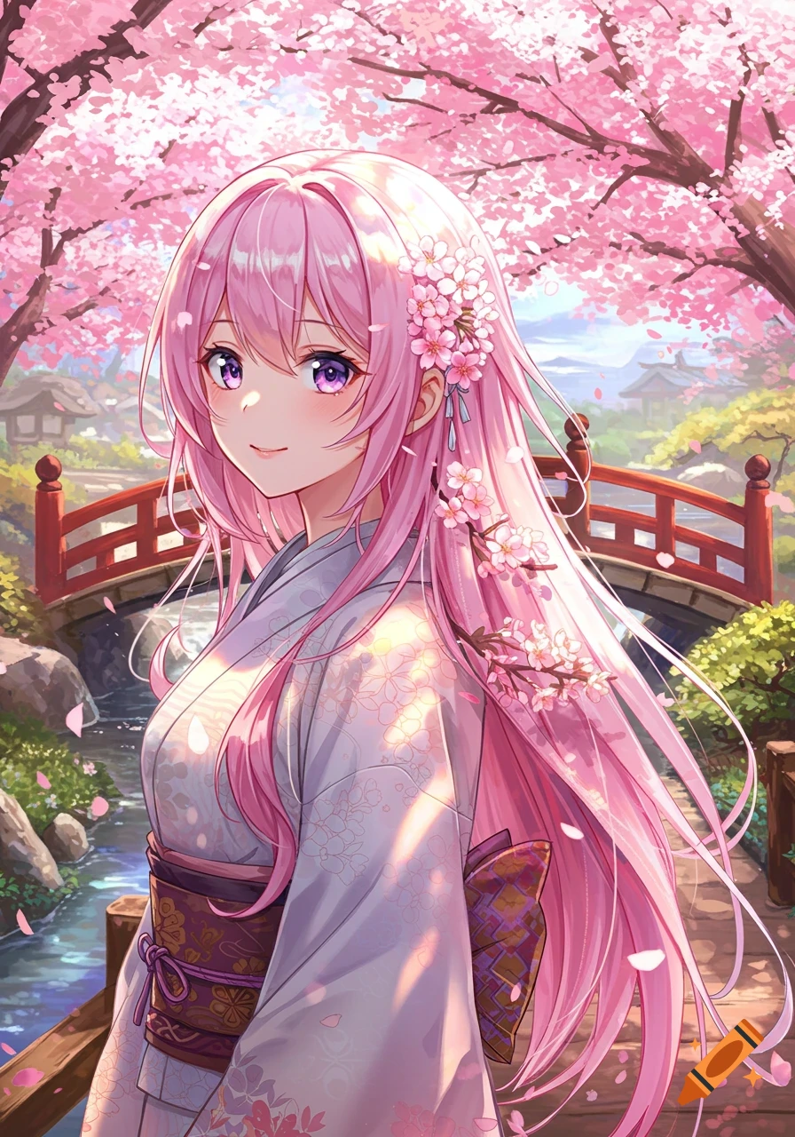 An anime girl with long pink hair in a kimono stands among pink cherry blossoms in a traditional Japanese garden with a red bridge.