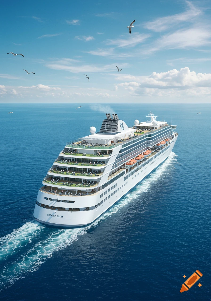 A large white modern cruise ship sails across a deep blue ocean under a clear sky with scattered clouds and seagulls flying above.