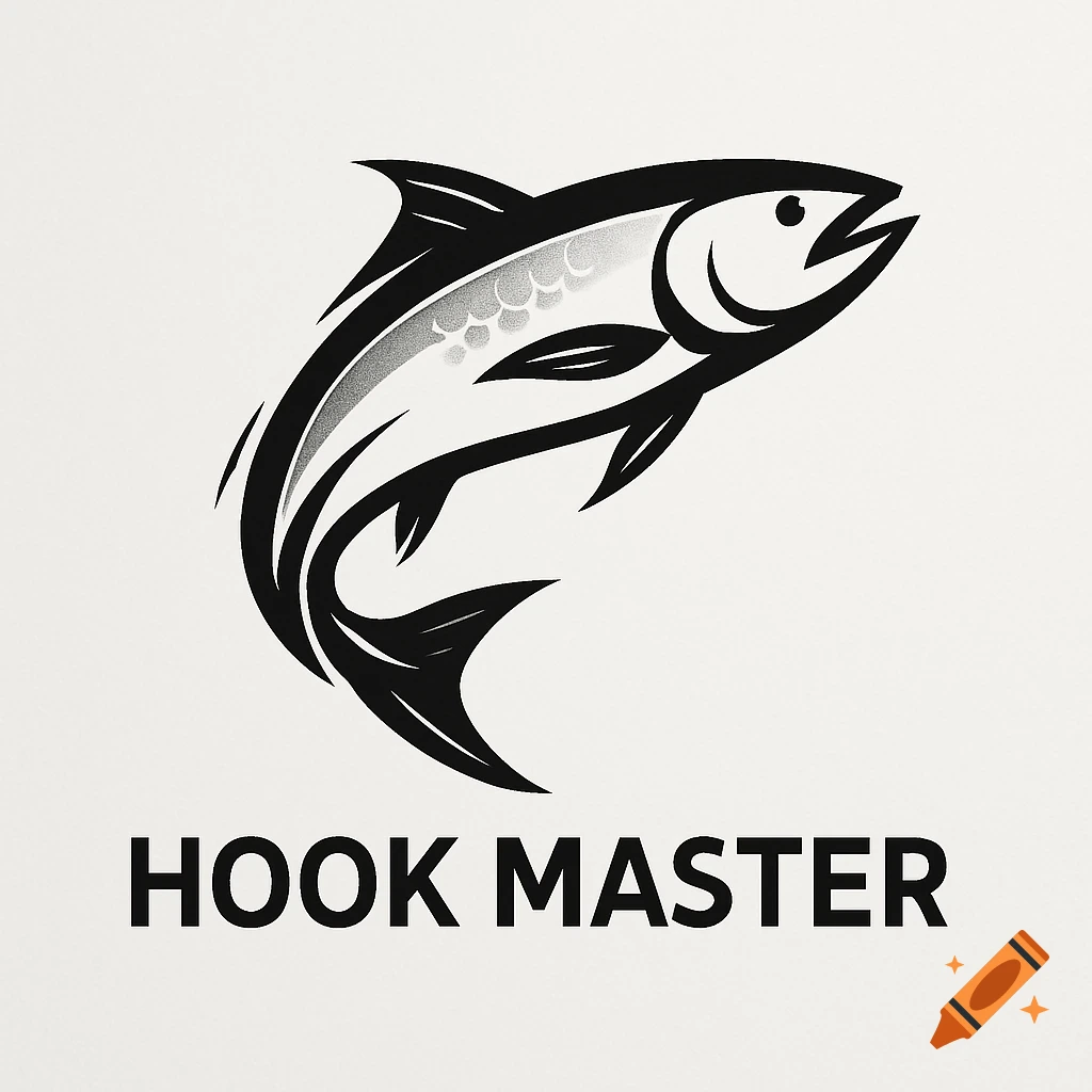 A stylized black and white logo of a jumping fish above the words "HOOK MASTER" in bold capital letters.