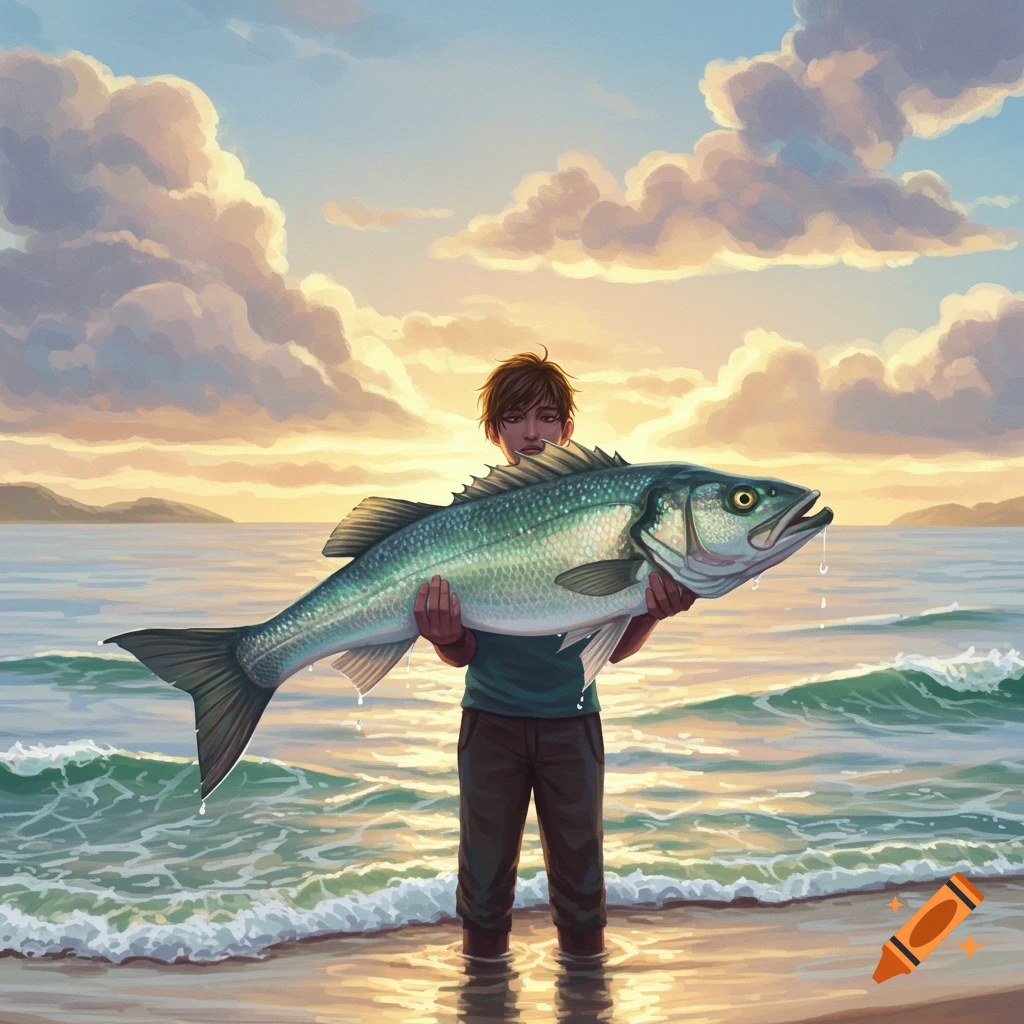 A person stands waist-deep in ocean water at sunset, proudly holding a large sea bass. Illustrated art.