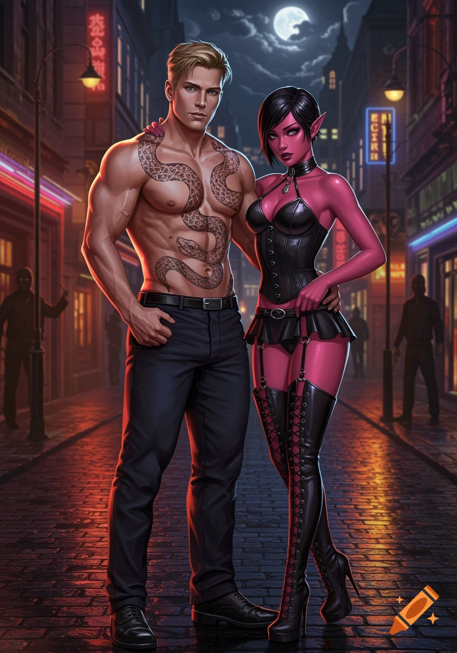 A muscular man with a snake tattoo and a red-skinned female elf in a black corset and boots stand on a neon-lit city street at night.