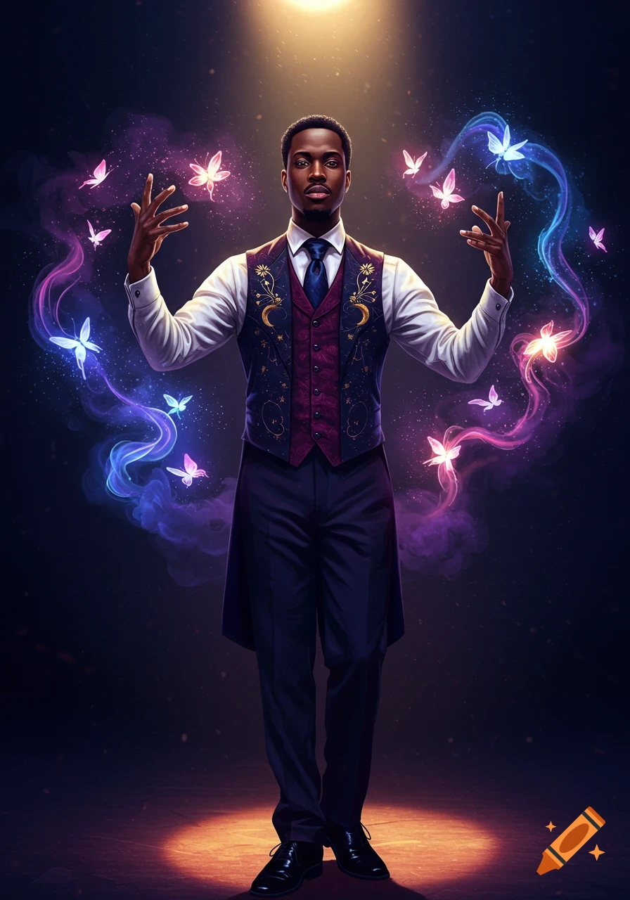 A dark-skinned man in a vest and tie stands in a spotlight, conjuring glowing butterflies and magic trails.