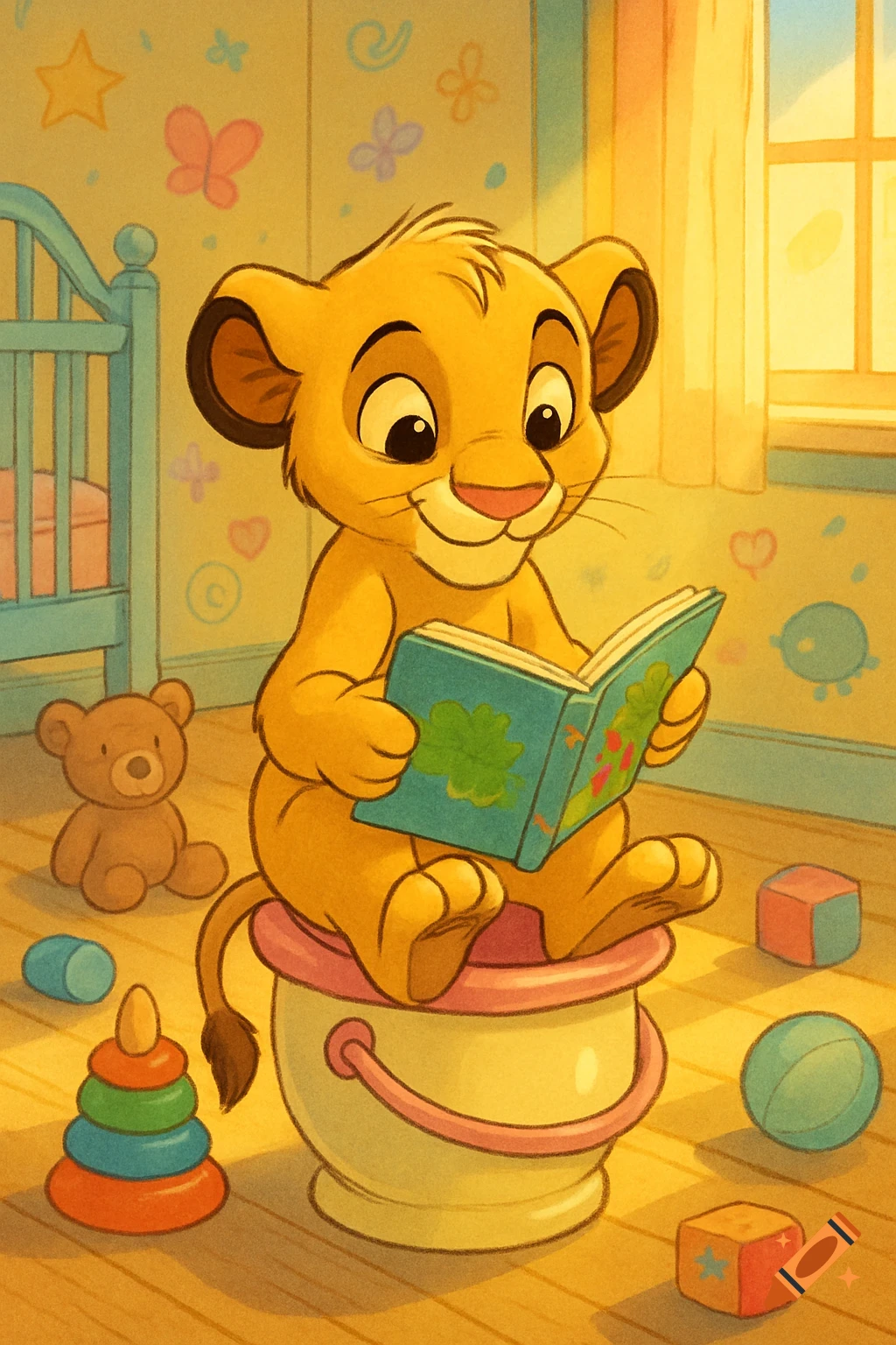 A content cartoon lion cub resembling Simba sits on a chamber pot, reading a book in a sunlit nursery filled with toys.