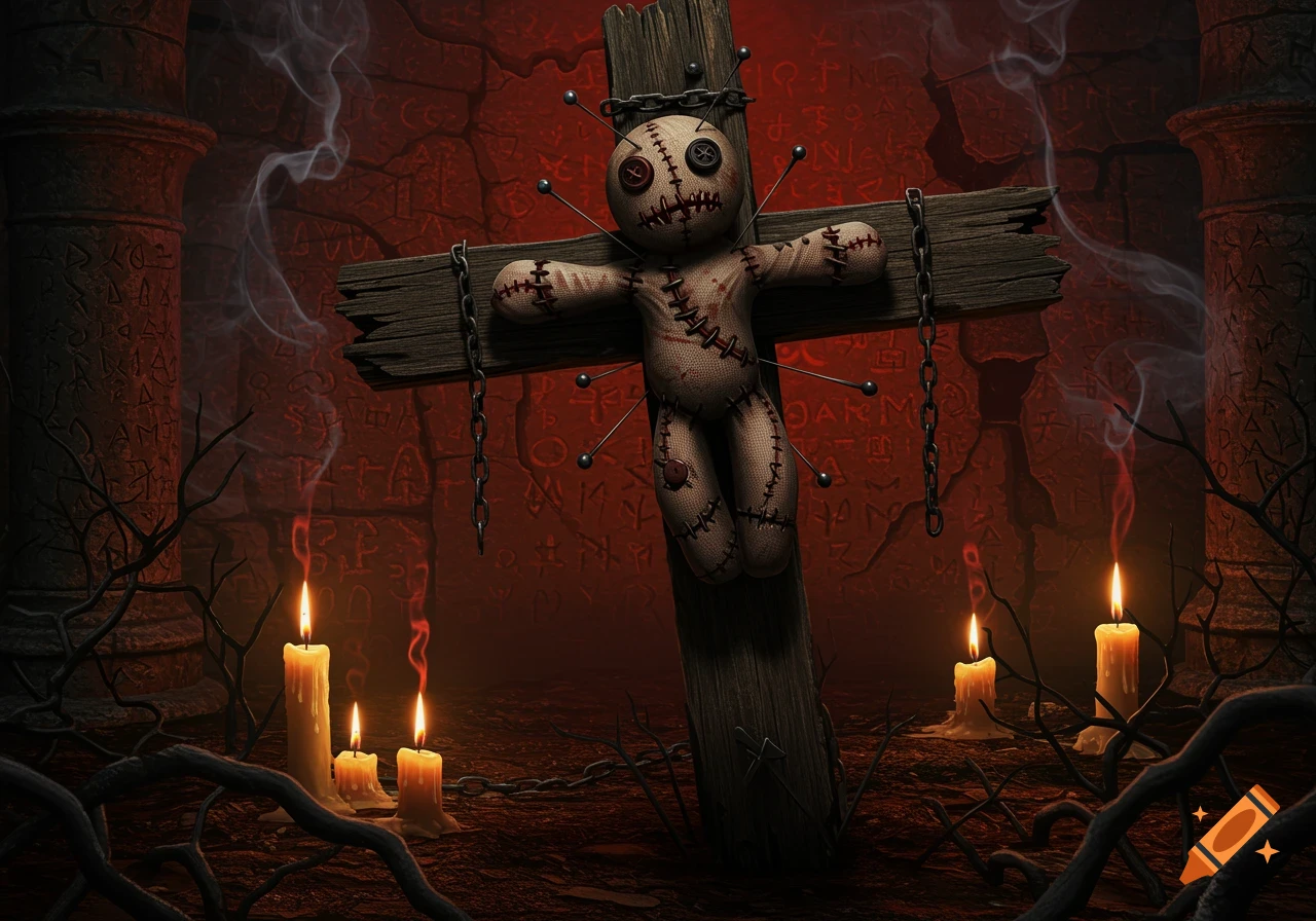 A creepy voodoo doll with pins stuck in it is chained to a wooden cross, surrounded by lit candles, smoke, and ancient symbols in a dark, red-lit ritualistic setting.