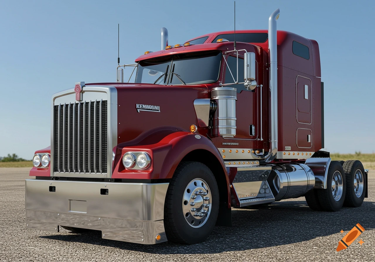 A photorealistic front 3/4 view of a deep metallic red Kenworth L100 concept semi-truck with chrome trim, parked on gravel under a clear sky.