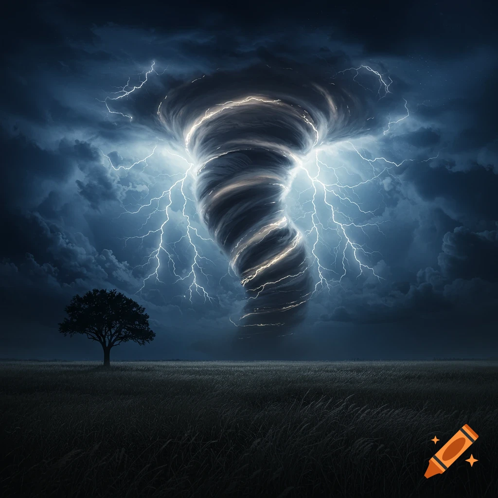A massive tornado swirls under a dark, stormy sky illuminated by flashes of lightning over a vast, dark field with a lone tree.