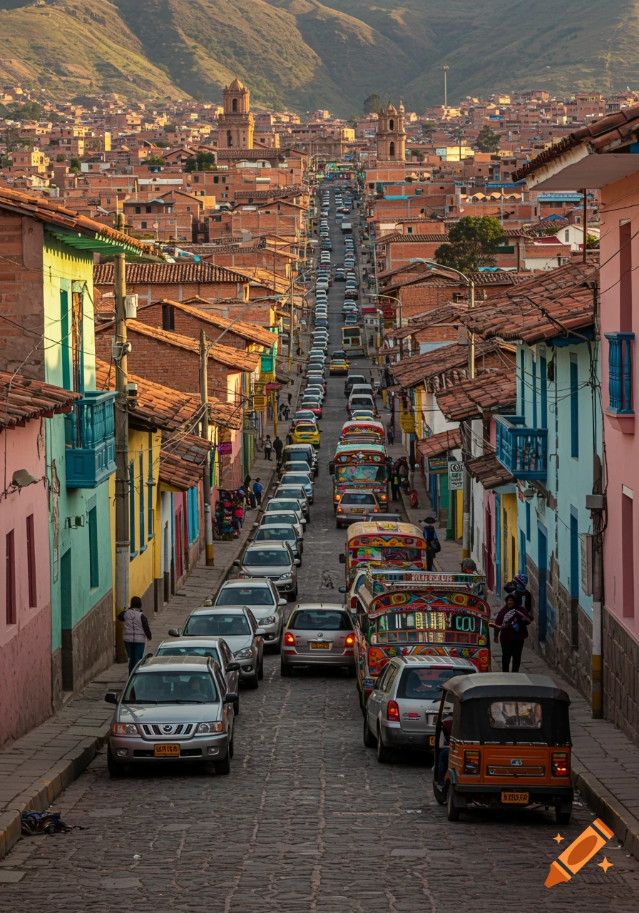 A busy, narrow, cobblestone street in a colorful Peruvian city, lined with multi-story buildings, cars, and people, leading up to distant mountains.