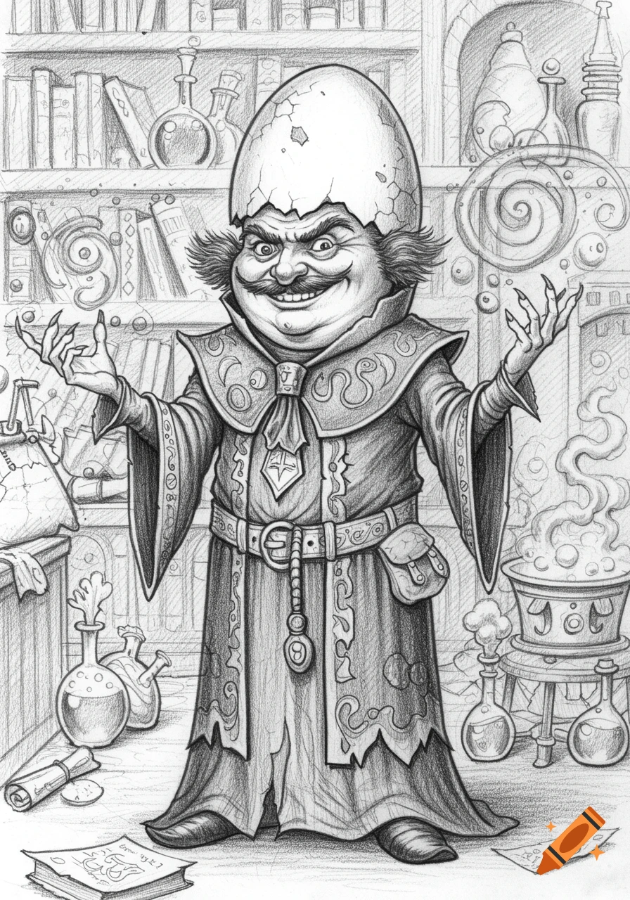Pencil drawing of a grinning, egg-headed sorcerer in a long robe, with long nails and a mustache, standing in a magical laboratory.