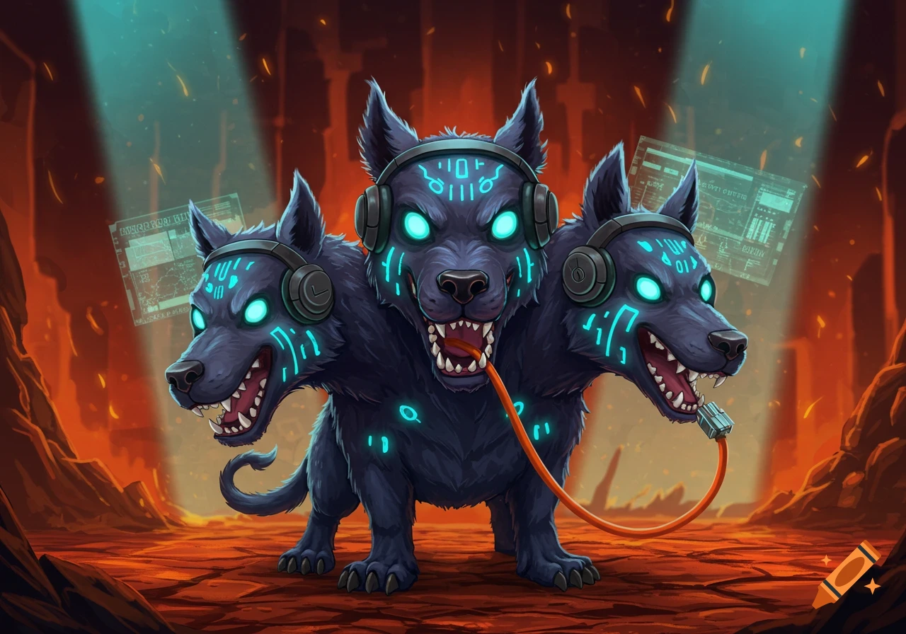 Cartoon three-headed hellhound with glowing blue binary patterns, headphones, holding an orange network cable in its mouth, set in a fiery, digital landscape.