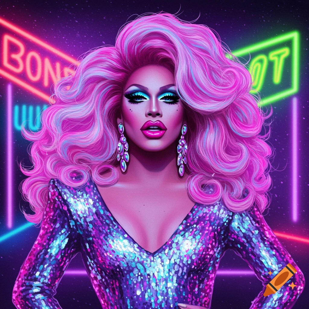 A drag queen with large pink hair and a sparkly dress stands in front of colorful neon signs.