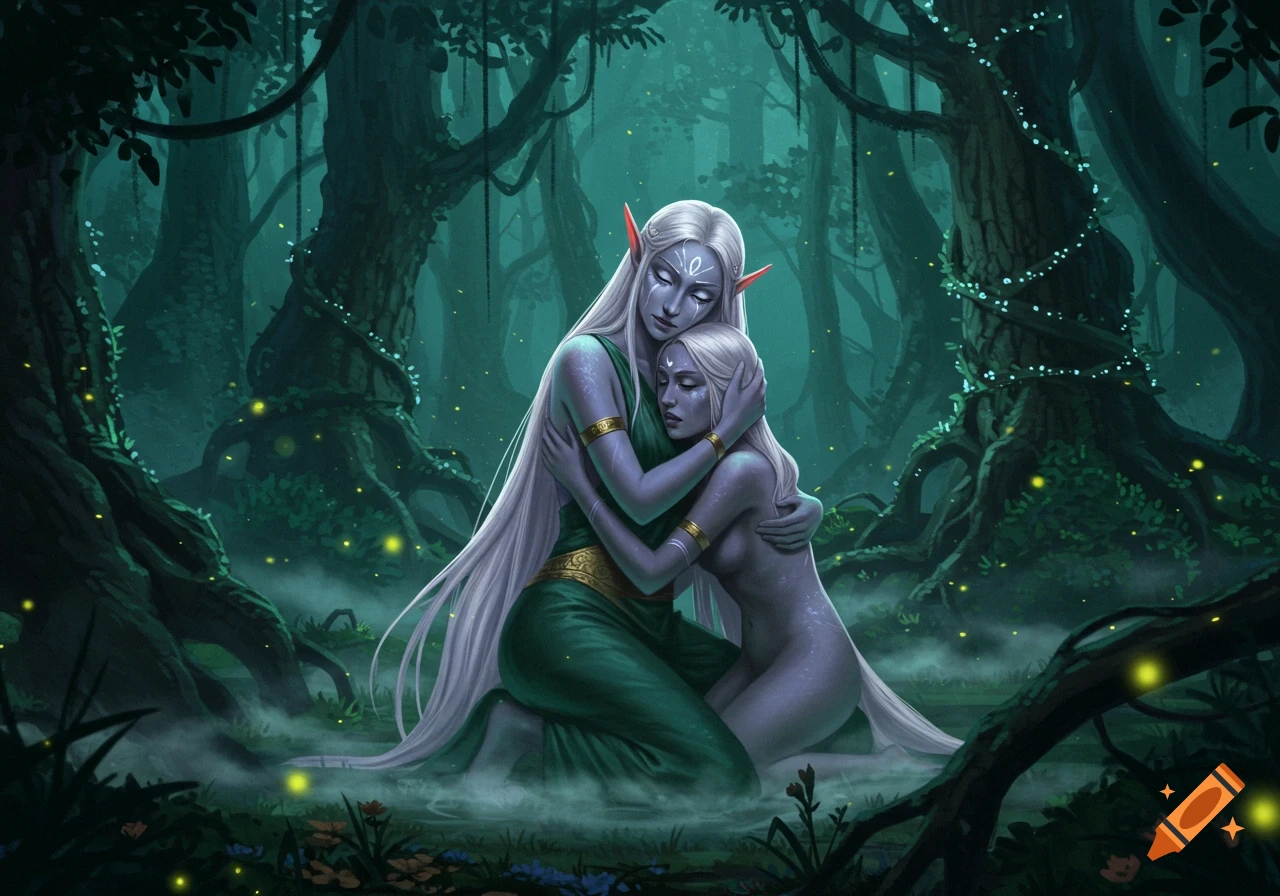 Digital painting of two elf women with long white hair embracing in a mystical, dark forest with glowing fireflies.