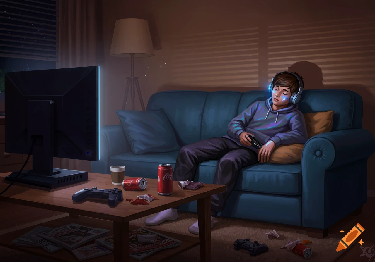 An illustration of a young gamer wearing headphones, asleep on a blue couch in a dimly lit living room, with a monitor, game controller, and soda cans on a coffee table.