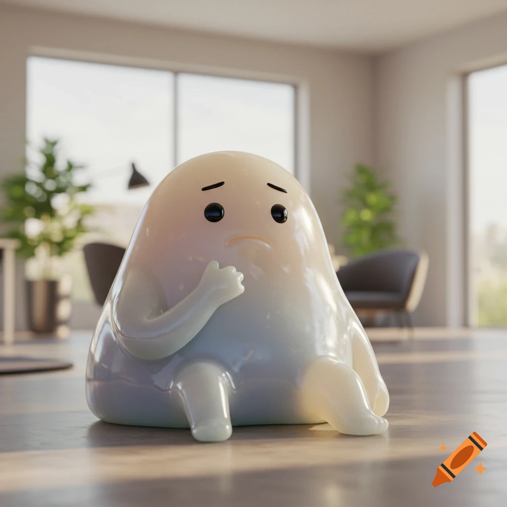 A sad, translucent blob character sits on a light floor in a bright, modern room, with a hand to its chest.