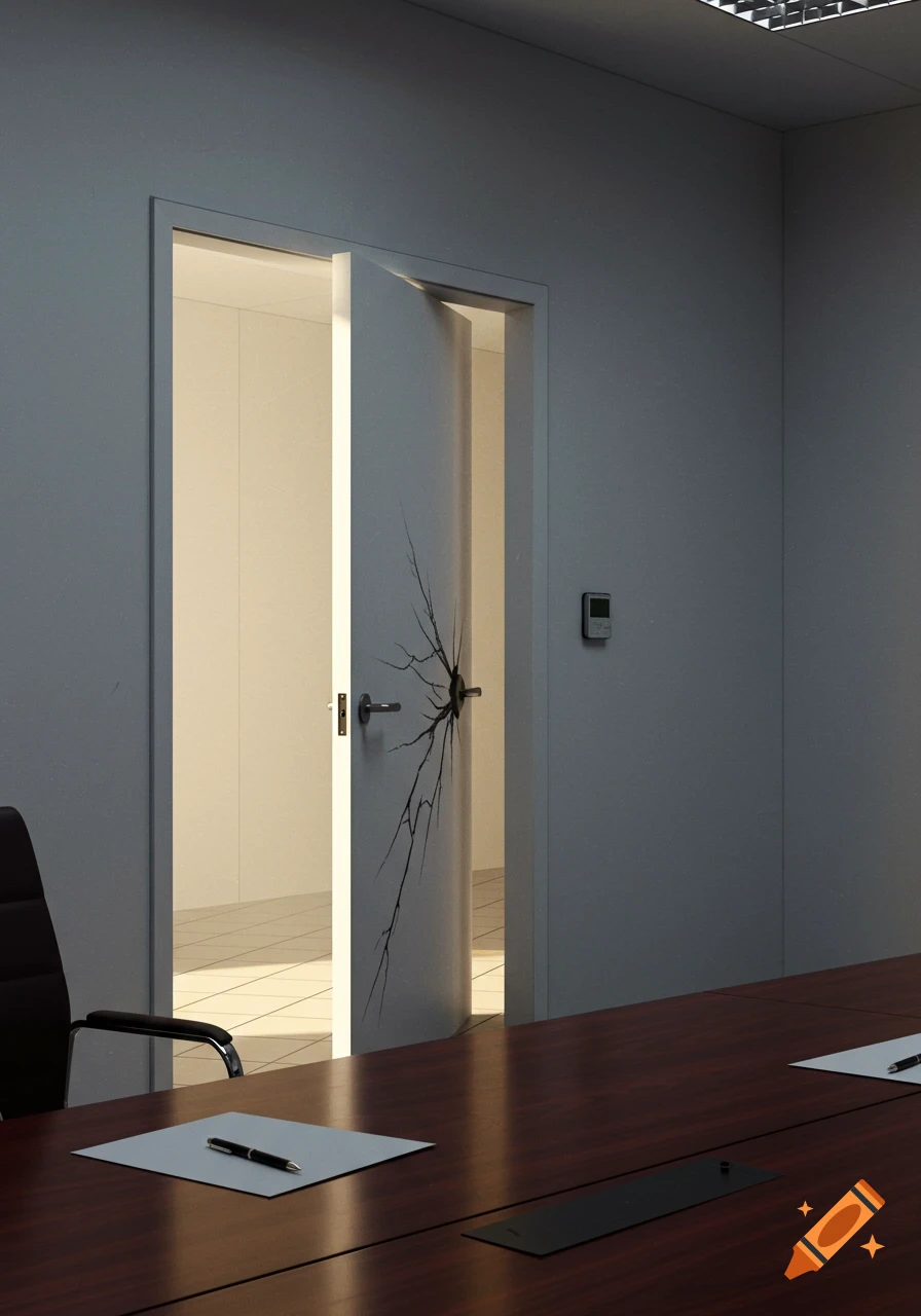A view from a meeting room with a dark wooden table towards an open white door with a large crack, revealing a brightly lit hall.