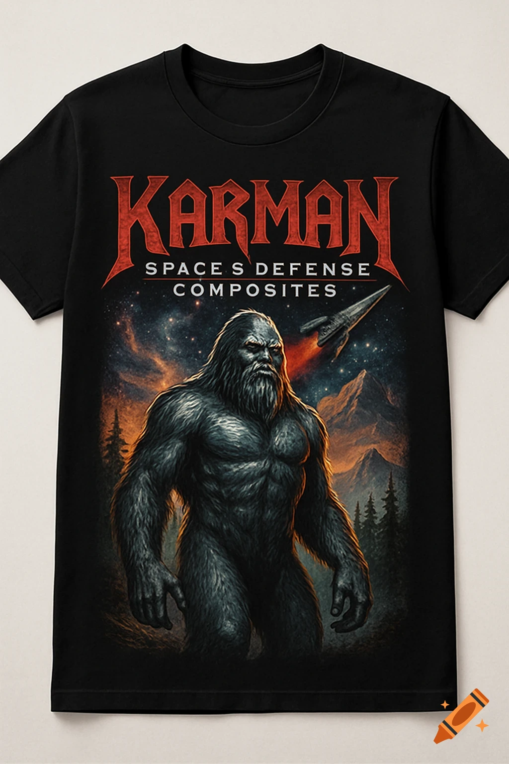 A black t-shirt features a bold design of a muscular Sasquatch standing in a dark forest with mountains, a starry space sky, and a rocket flying past. The shirt has red text that reads "KARMAN" and white text below it saying "SPACE S DEFENSE COMPOSITES".
