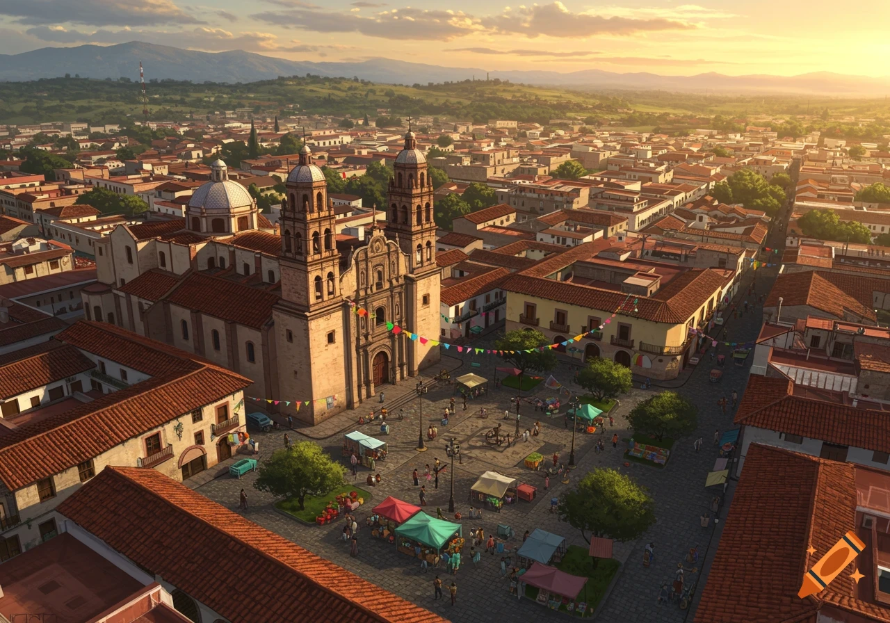 Aerial view of a vibrant town square with a large church, bustling market stalls, and traditional buildings under a golden sunset, with mountains in the background.