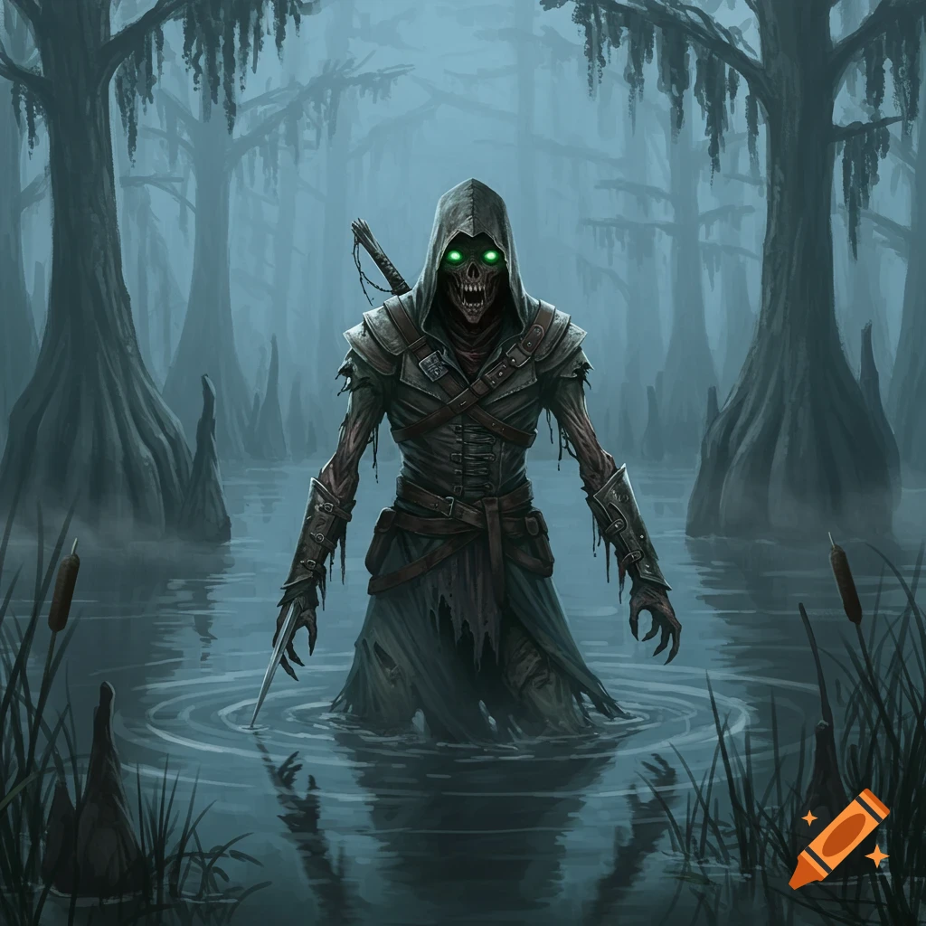 A hooded, zombie-like figure with glowing green eyes stands in a dark, misty swamp, holding a blade.