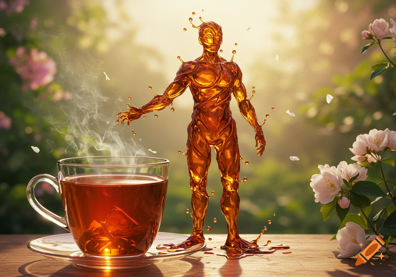 A photorealistic golden liquid figure resembling a man, standing beside a steaming tea cup on a table in a blurred garden.