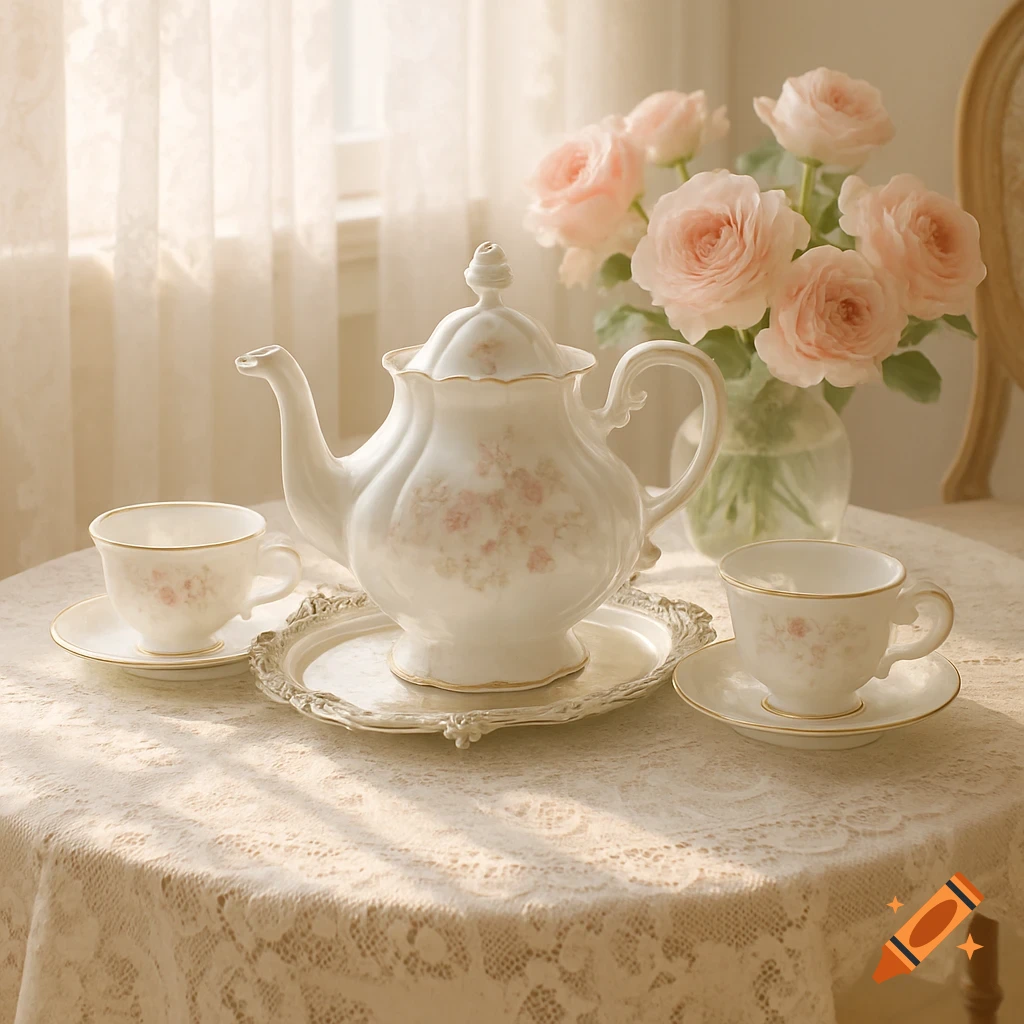 A white porcelain tea set with pink floral patterns and a vase of pink roses on a lace tablecloth in soft light.