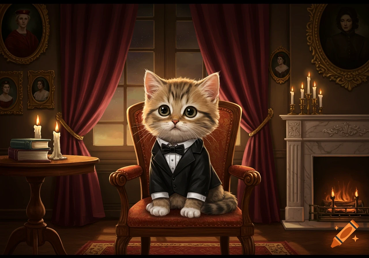 A cute tabby kitten wearing a black tuxedo and bow tie sits on a red armchair in an elegant, dimly lit room.