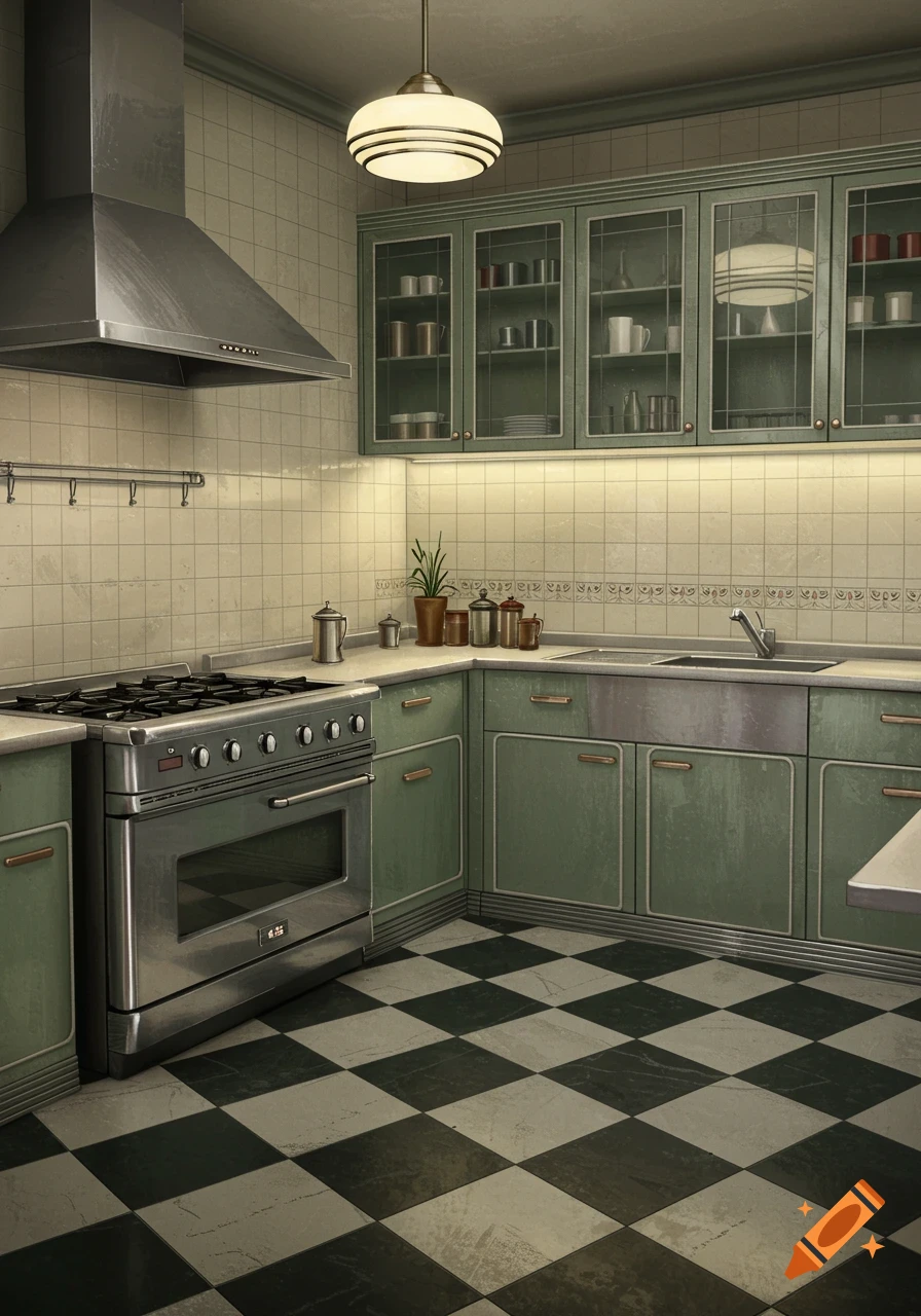 An Art Deco kitchen with mint green cabinets, a stainless steel range and hood, and a black and white checkered floor.