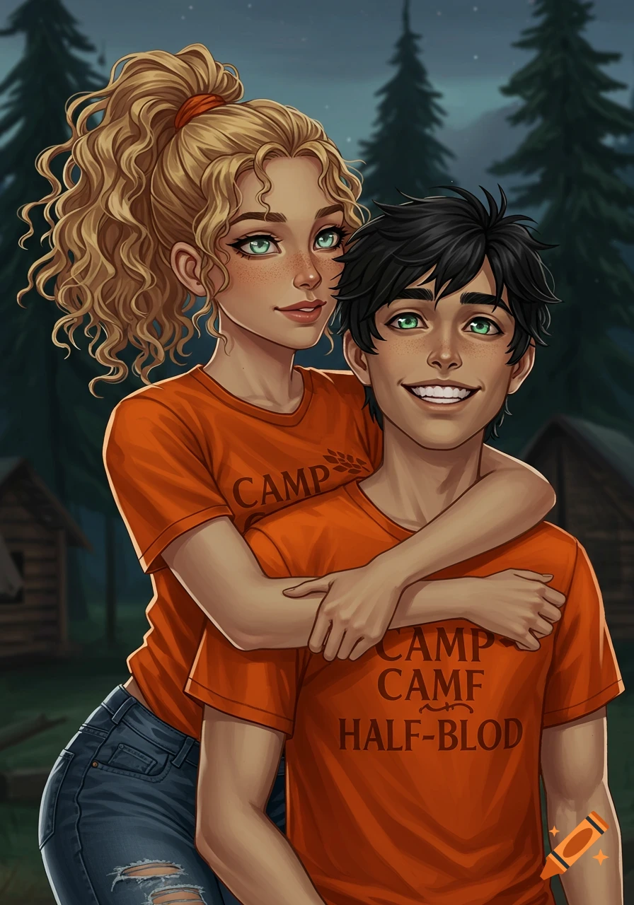 An illustration of a blonde, curly-haired girl hugging a black-haired boy, both wearing orange Camp Half-Blood t-shirts in a camp setting.