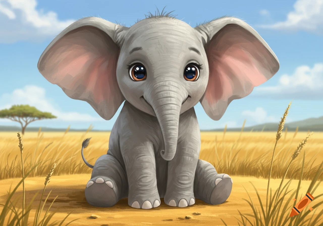 A cute, big-eyed cartoon baby elephant sits in a golden grassy field under a blue sky.