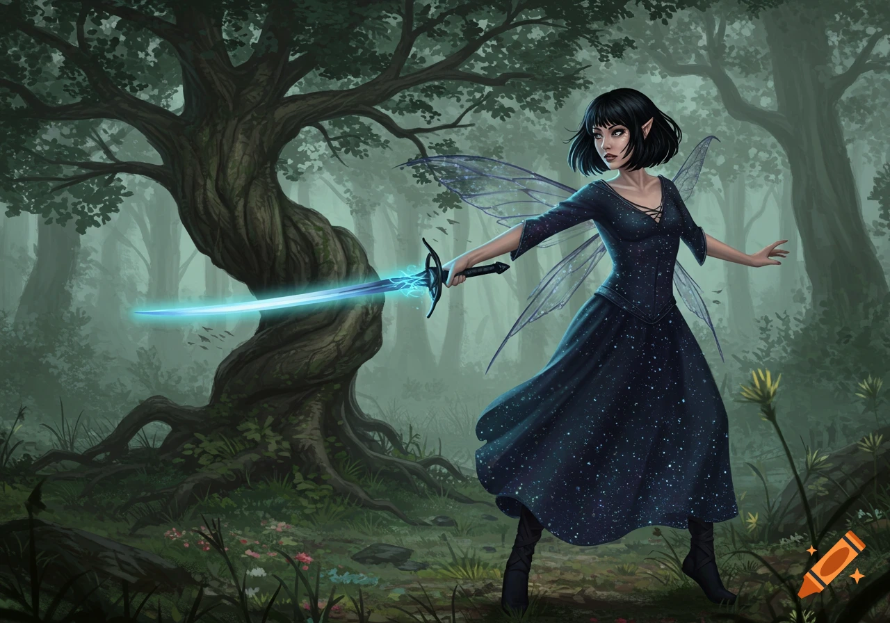 A fantasy elven enchantress with black bobbed hair and wings stands in a mystical forest, wielding a glowing blue sword.