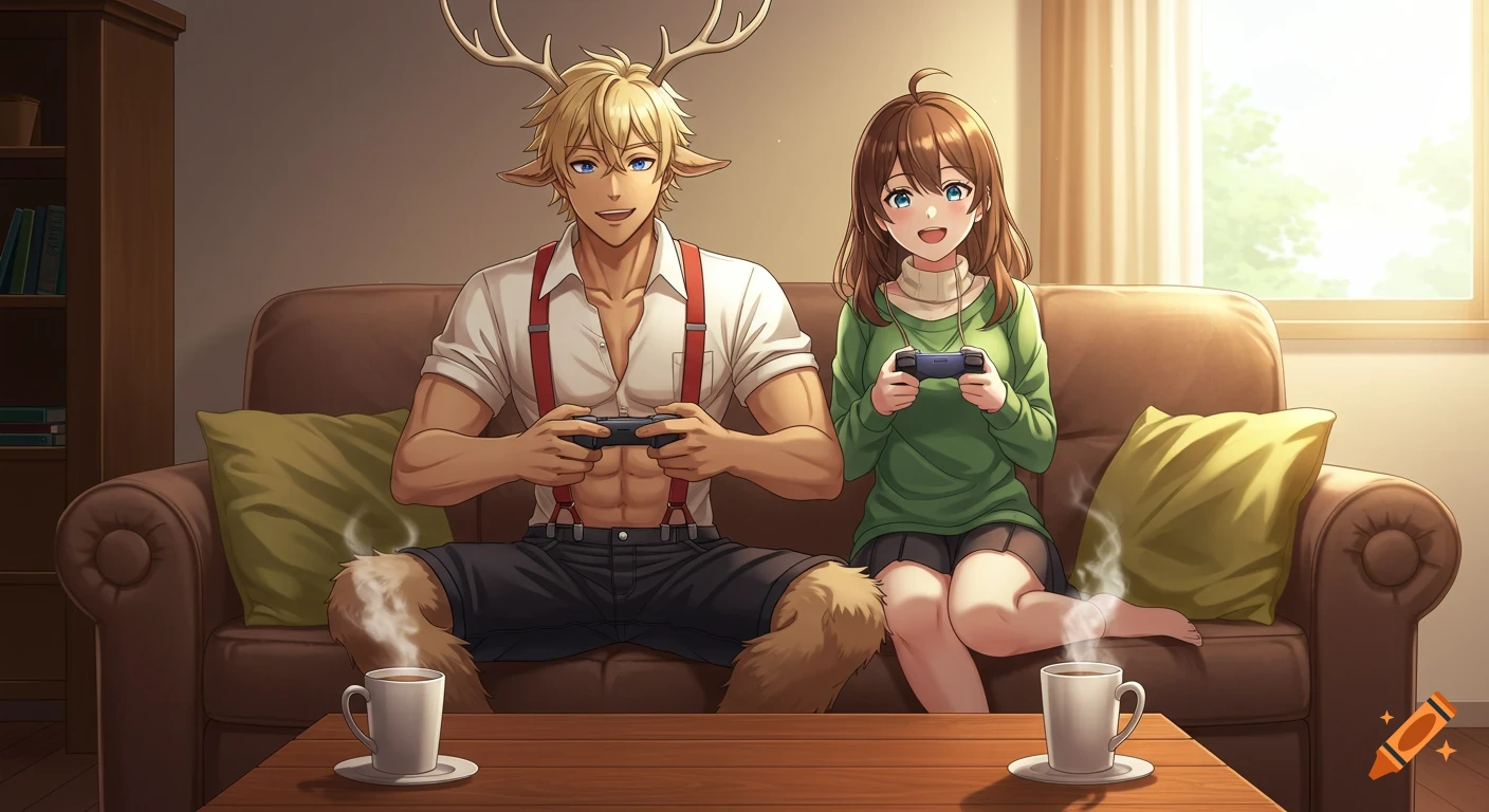 An anime-style image of a blond satyr and a brown-haired girl playing video games on a couch with coffee cups on the table.