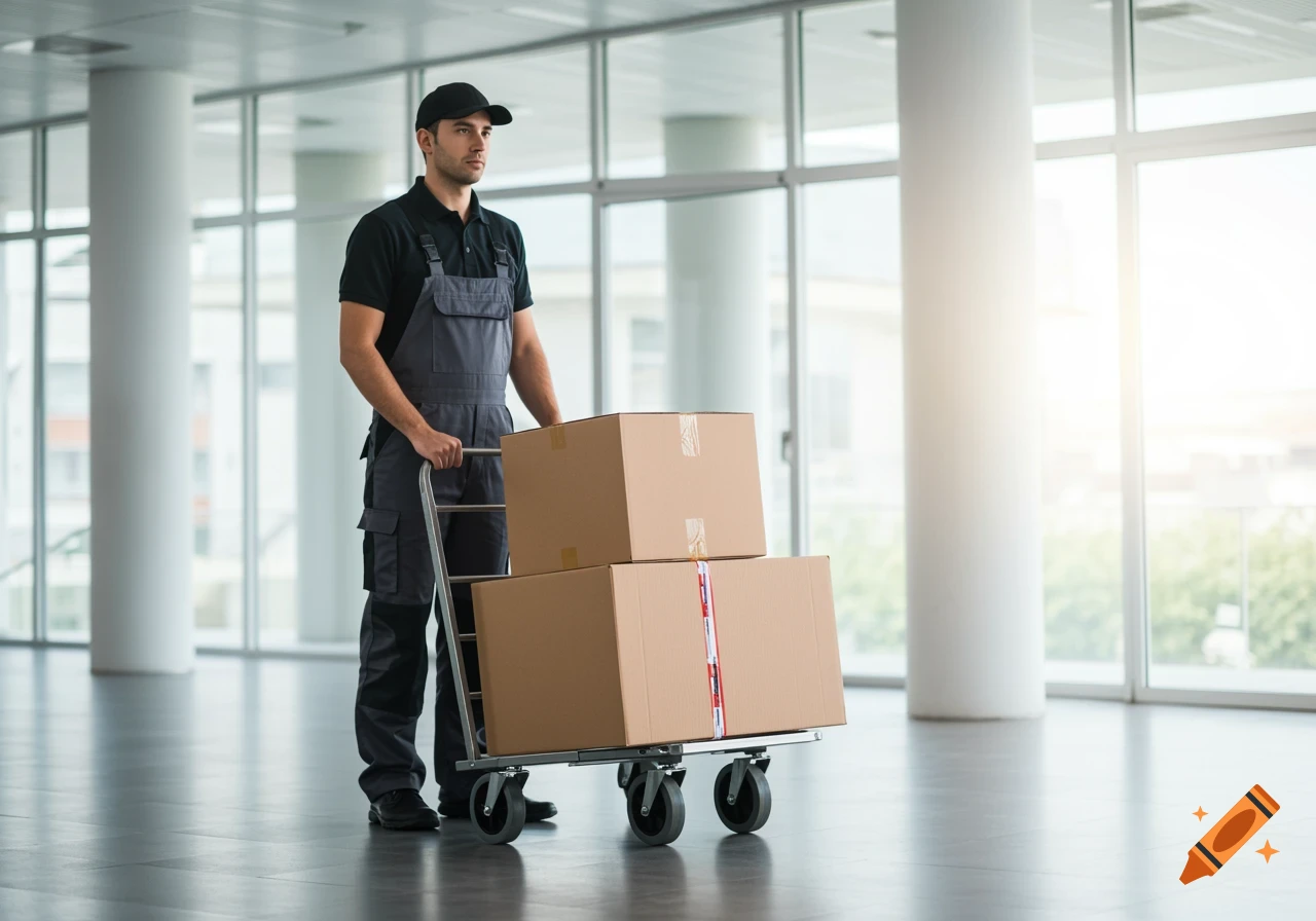 Photorealistic image of a delivery man in a black shirt and grey overalls pushing a trolley with cardboard boxes in a bright, modern building.