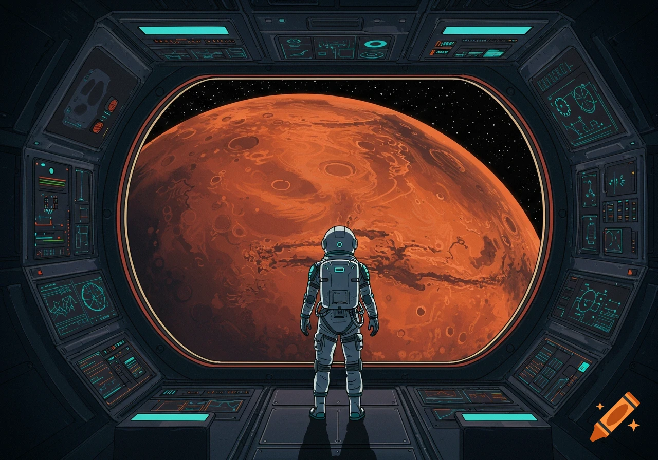 A cartoon astronaut looks out a spaceship window at the large, red planet Mars and stars.