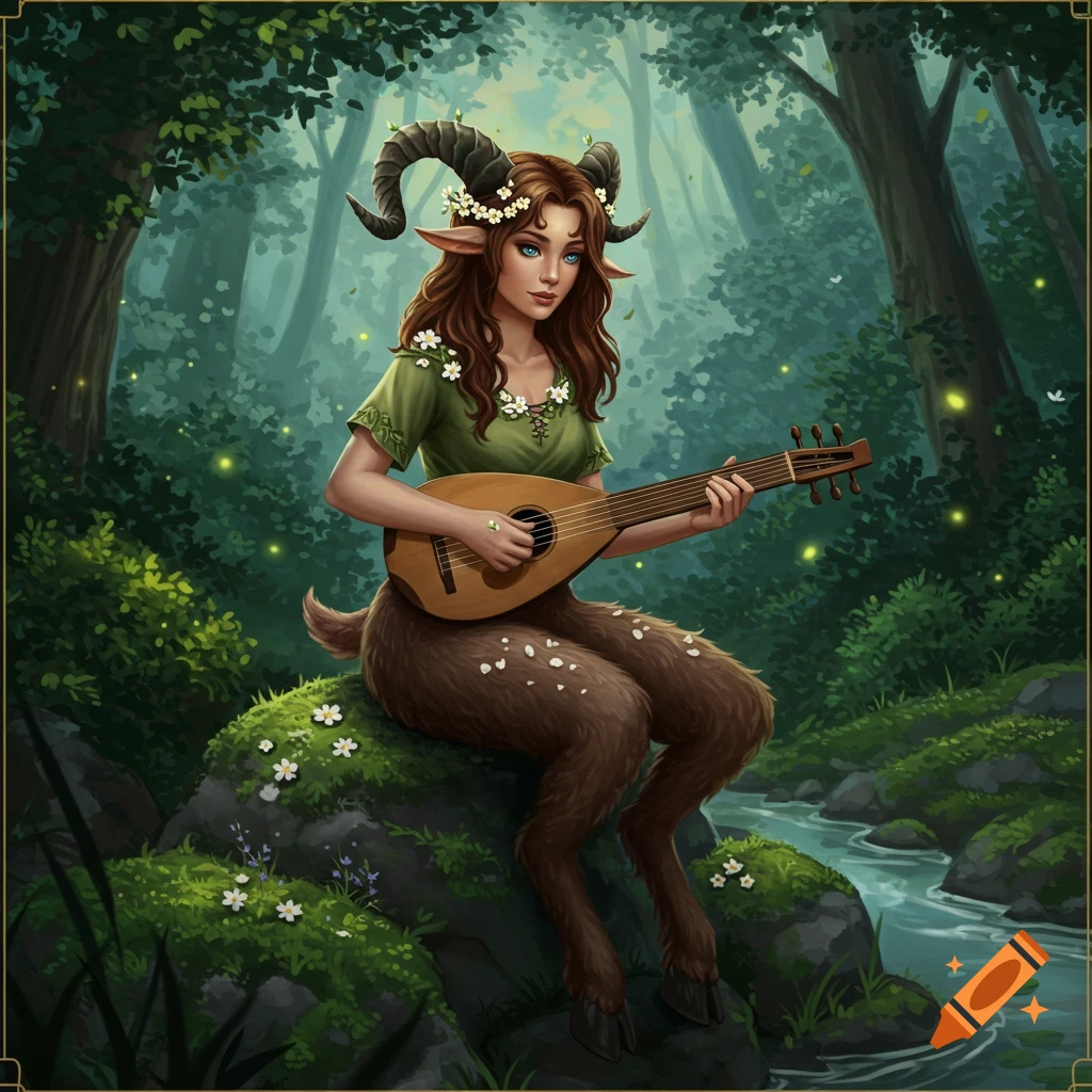 A satyr woman with brown hair and blue eyes sits by a forest stream, strumming a lute. Fantasy illustration.
