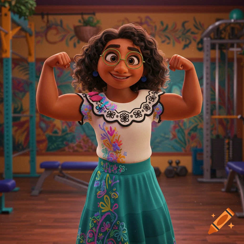 Mirabel from Encanto flexes her muscular arms in a colorful gym, 3D cartoon style.