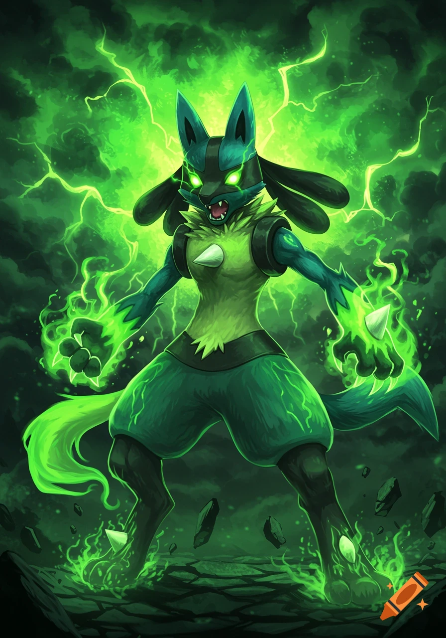 A powerful, green-glowing Lucario surrounded by lightning and energy, cracking the ground.