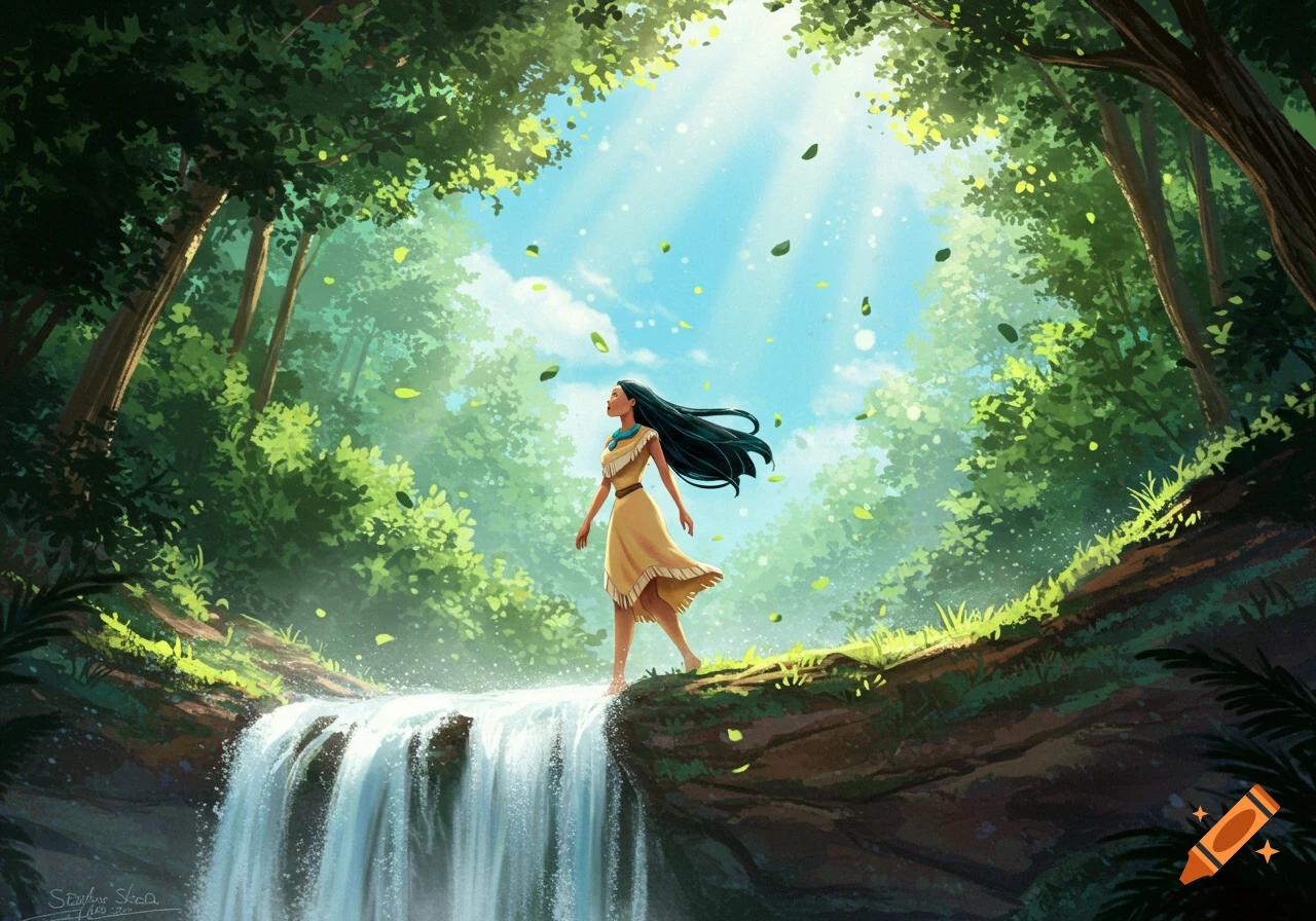 A stylized illustration of Pocahontas standing barefoot at the edge of a waterfall in a lush, sunlit forest, with leaves falling around her.
