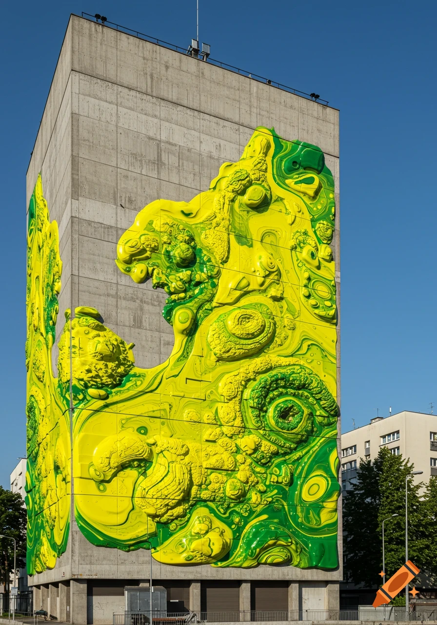 A tall concrete building adorned with a vibrant, textured mural of swirling yellow and green abstract art against a blue sky.