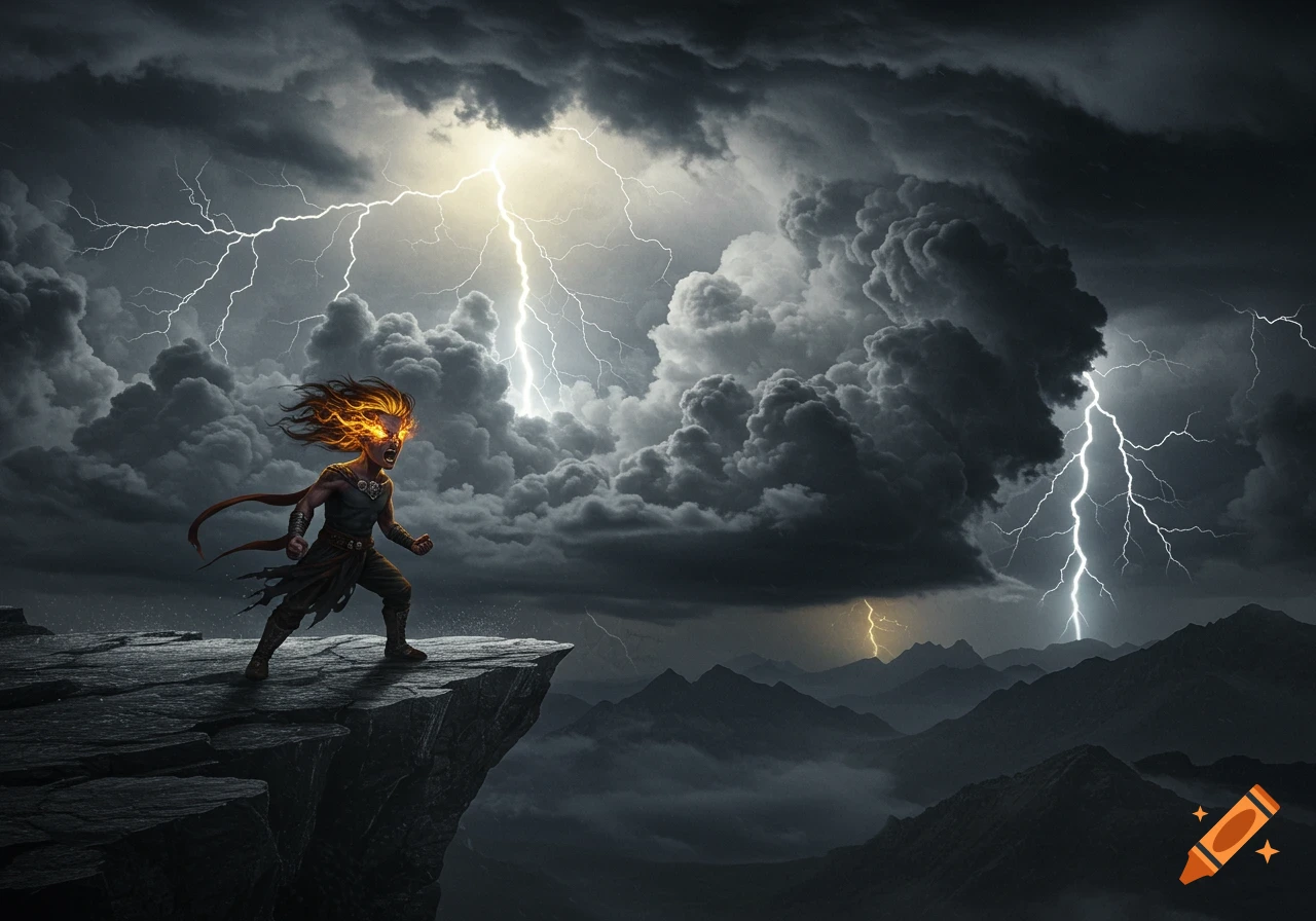 A powerful, angry figure with fiery hair and glowing eyes stands on a cliff overlooking mountains as lightning strikes in a dramatic thunderstorm.
