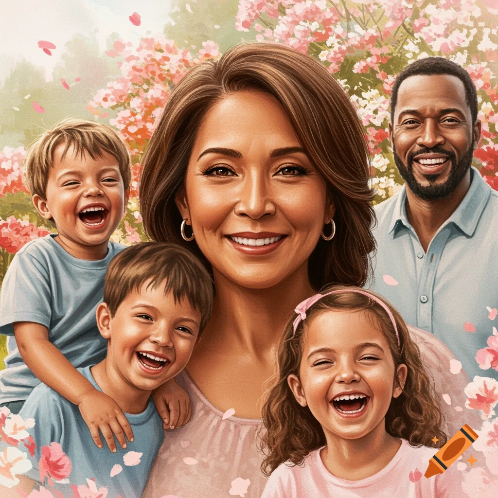A smiling family portrait of a mother, father, and three young children surrounded by pink blossoms outdoors.