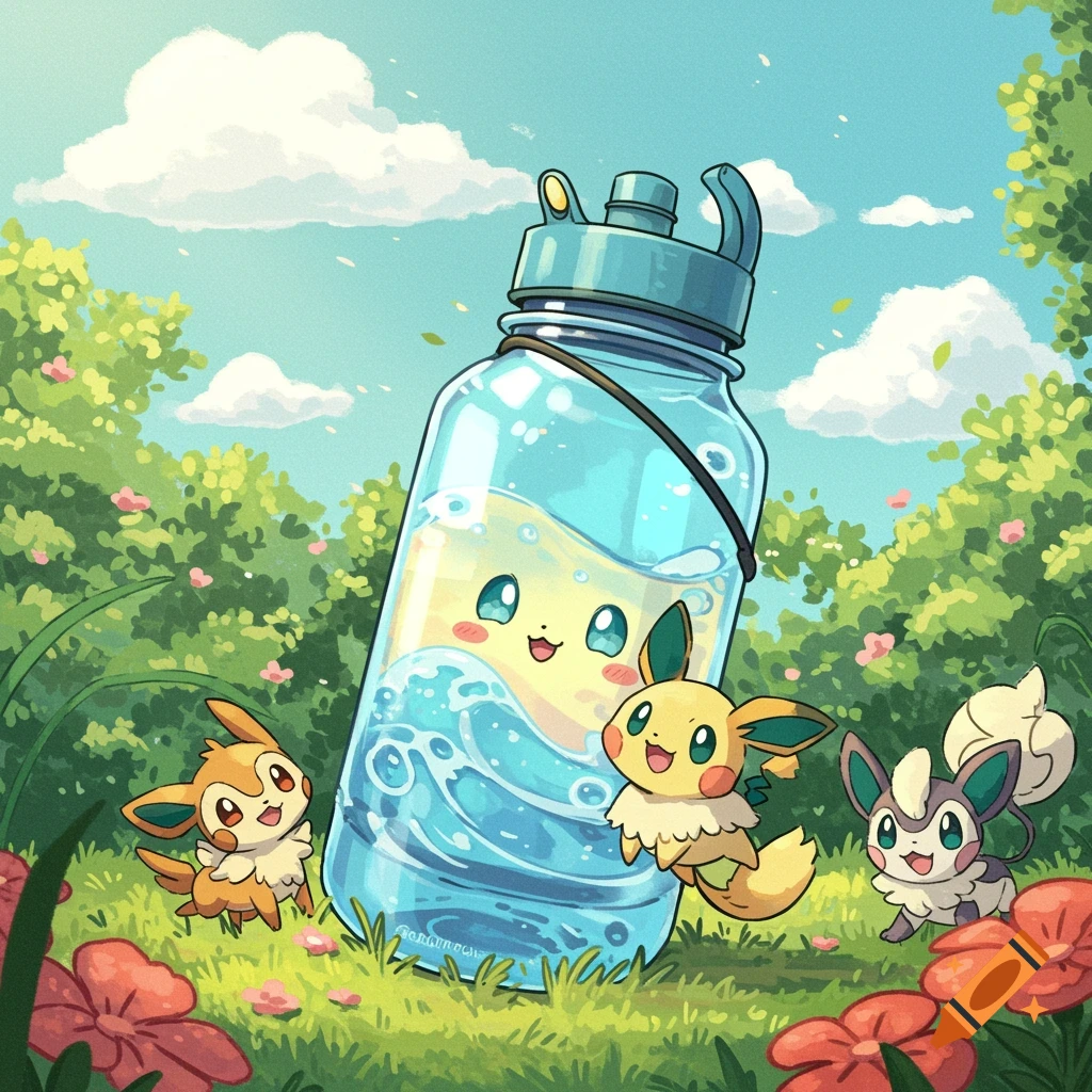 A cute water bottle with a smiling face in a field of green, surrounded by three small Pokemon-like creatures, under a blue sky.